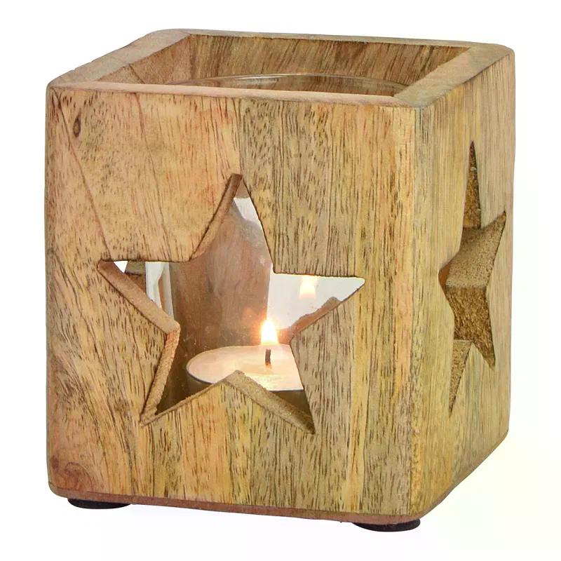Windlicht Glas/Mangoholz »Stern Dekor 9cm«